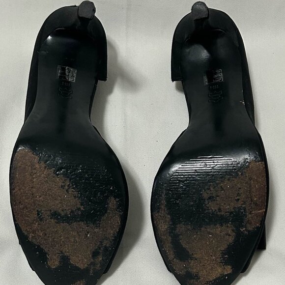 Michael - Black Satin Peep Toe Heels With Bow Accent - Picture 2 of 5